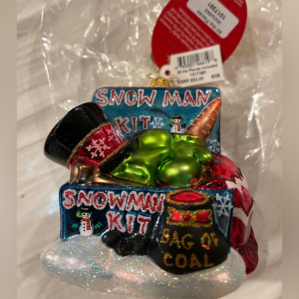 Snowman Kit with Bag of Coal Glass Christmas Ornament by Christopher Radko NIB